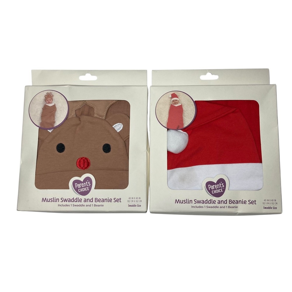 Lot - Parents Choice Infant Muslin Swaddle + Beanie Sets Reindeer Santa  *READ*
